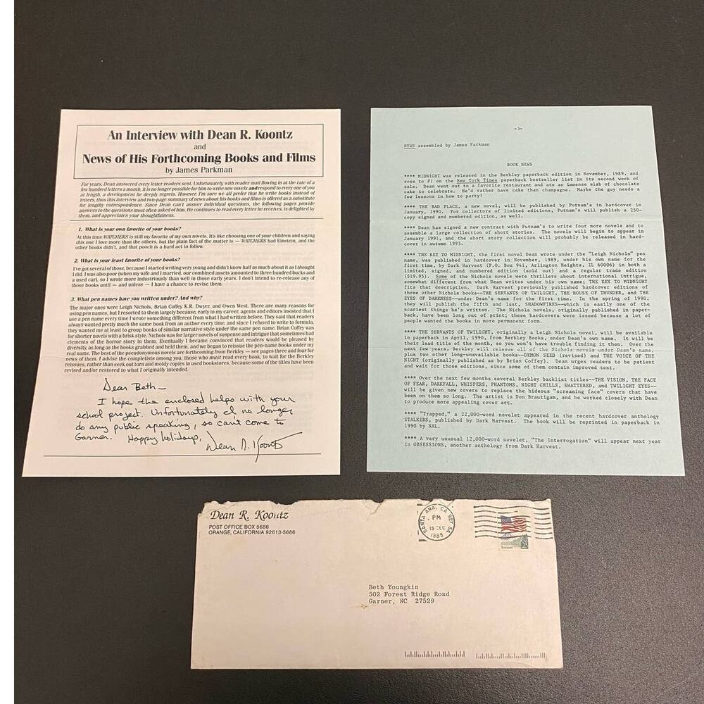 1989 Dean R. Koontz Signed / Autographed Letter / News Article